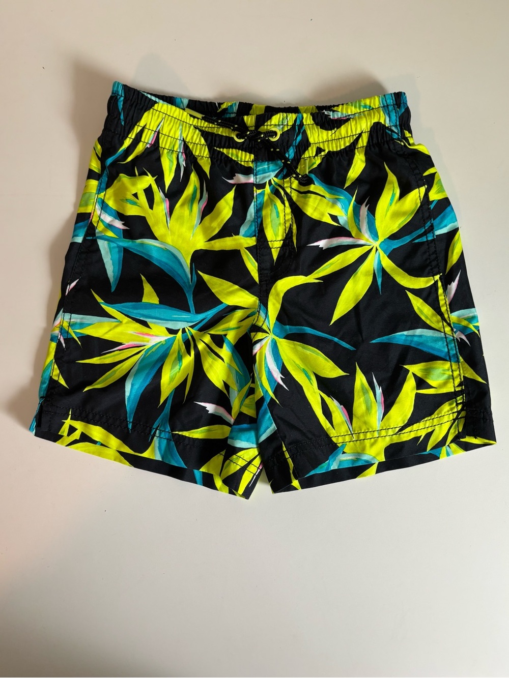Old Navy Tropical Leaf Print Boys Swim Trunks Black & Neon Medium 8 Swimwear